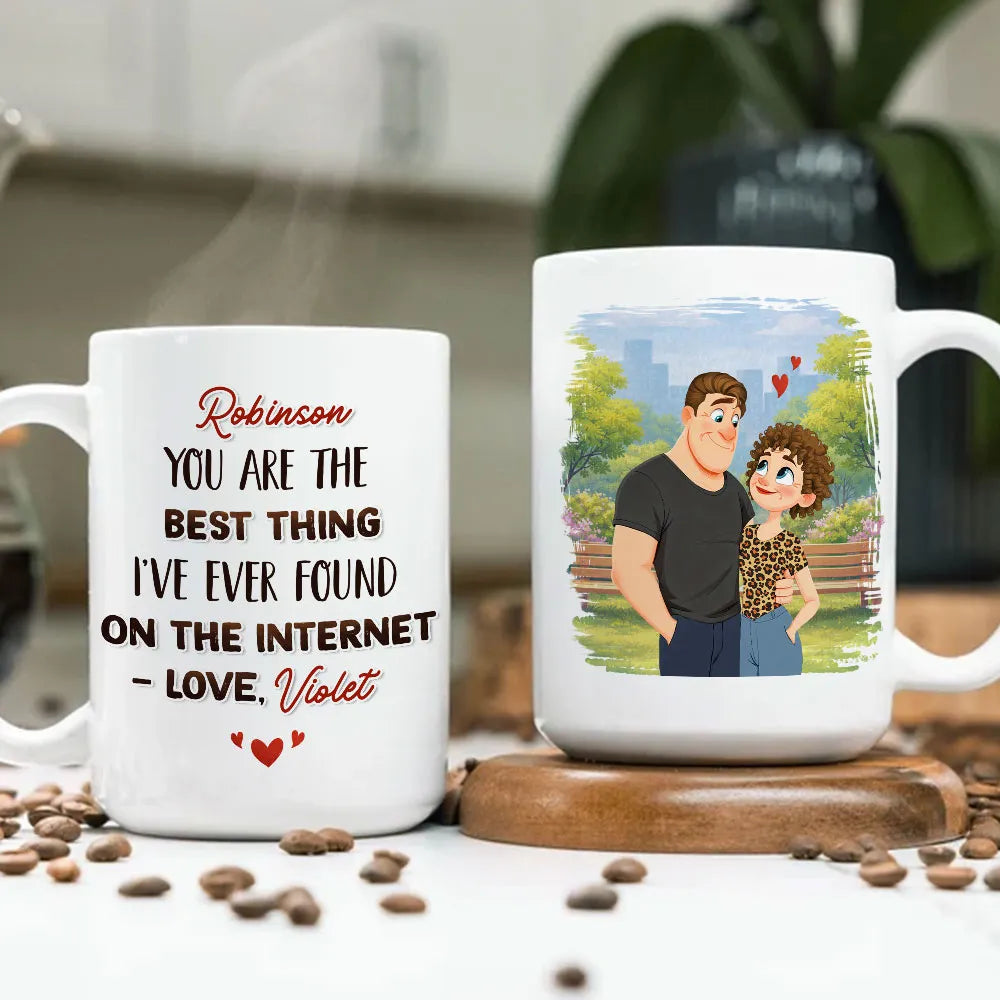 Ceramic Mug Personalized with Sweet Internet Love Message, Park Couple Art, Unique Valentine's Day Gift for Couple