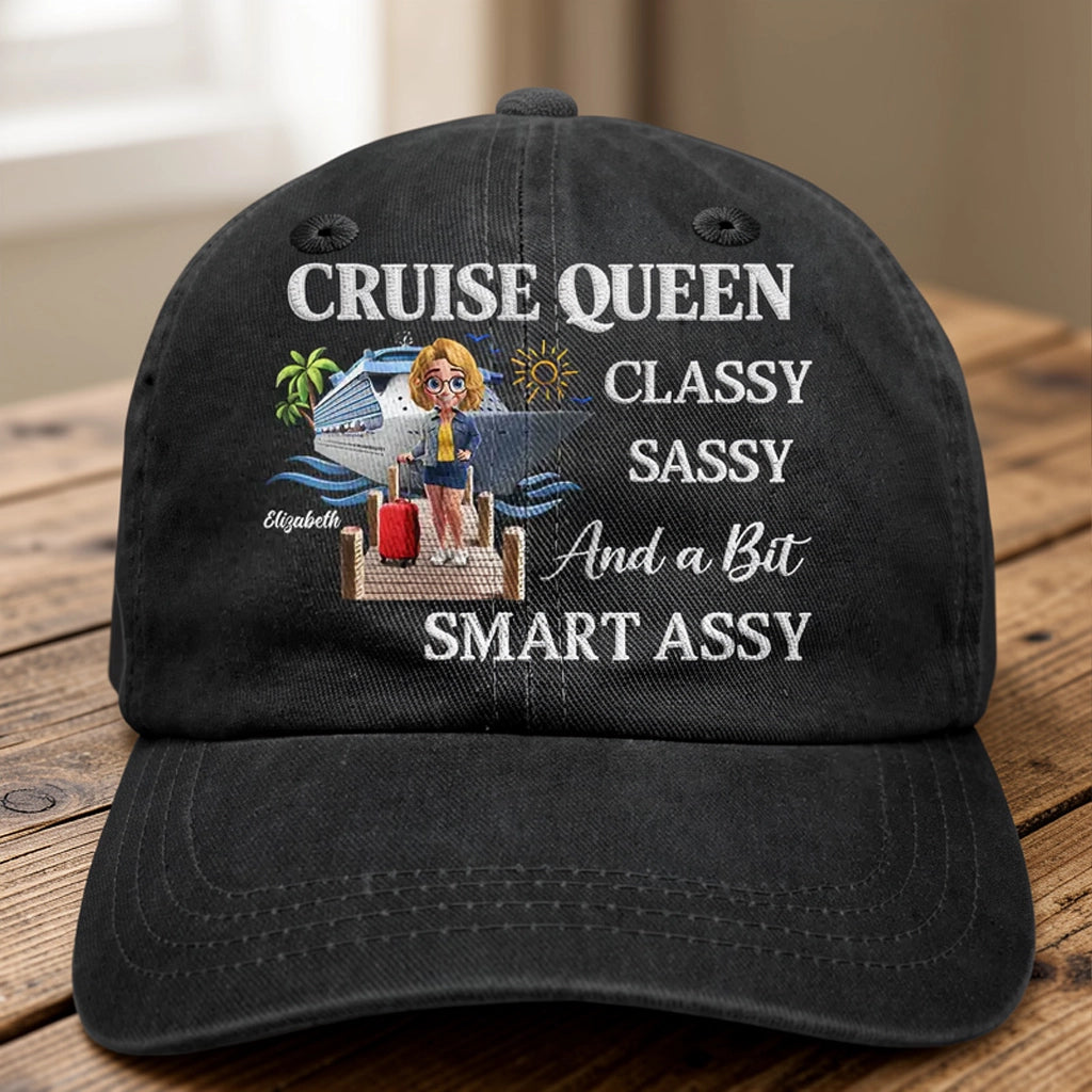 Personalized Washed Denim Baseball Cap, Cruise Queen Classy Sassy Graphic, Unique Funny Gift for Travel Lovers