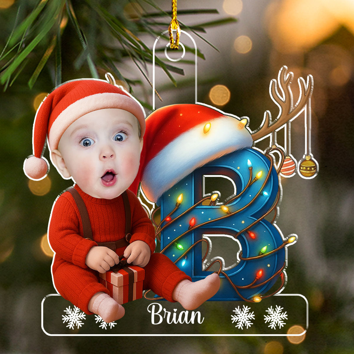 Christmas Acrylic Ornament - Photo Initial with Santa Hat & Lights, easy to hang, a unique gift for Parents & Grandparents