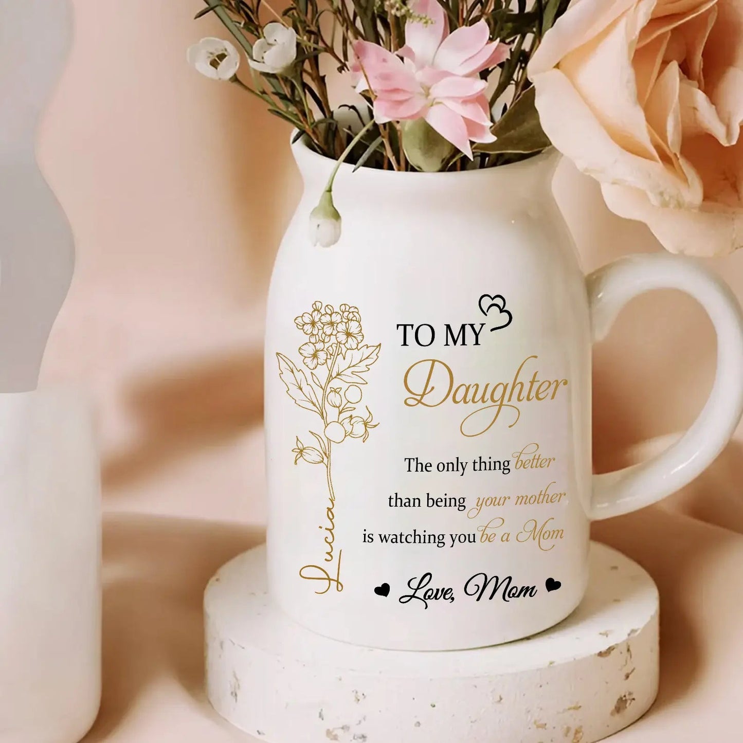 Personalized Handled Vase & Ceramic Mug - Heartfelt Gift for Daughter from Mom – Elegant Keepsake for Mother's Day & Special Occasions