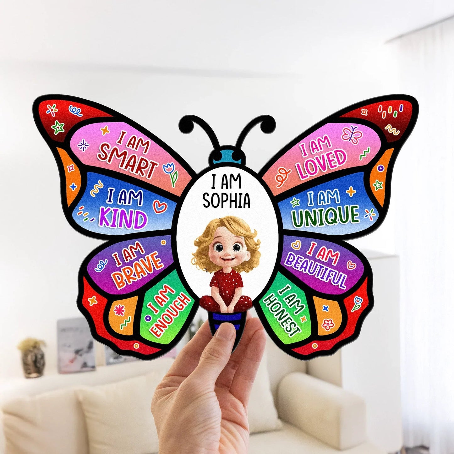 Shaped Metal Sign Personalized I Am Affirmations Butterfly with Cute Girl Illustration, Bright Wall Decor, Thoughtful Gift