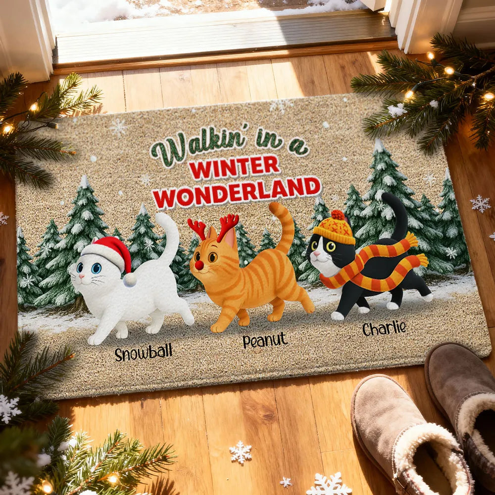 Personalized Standard Doormat with Cute Cats, Winter Wonderland Scene, Unique Holiday Gift for Pet Lovers