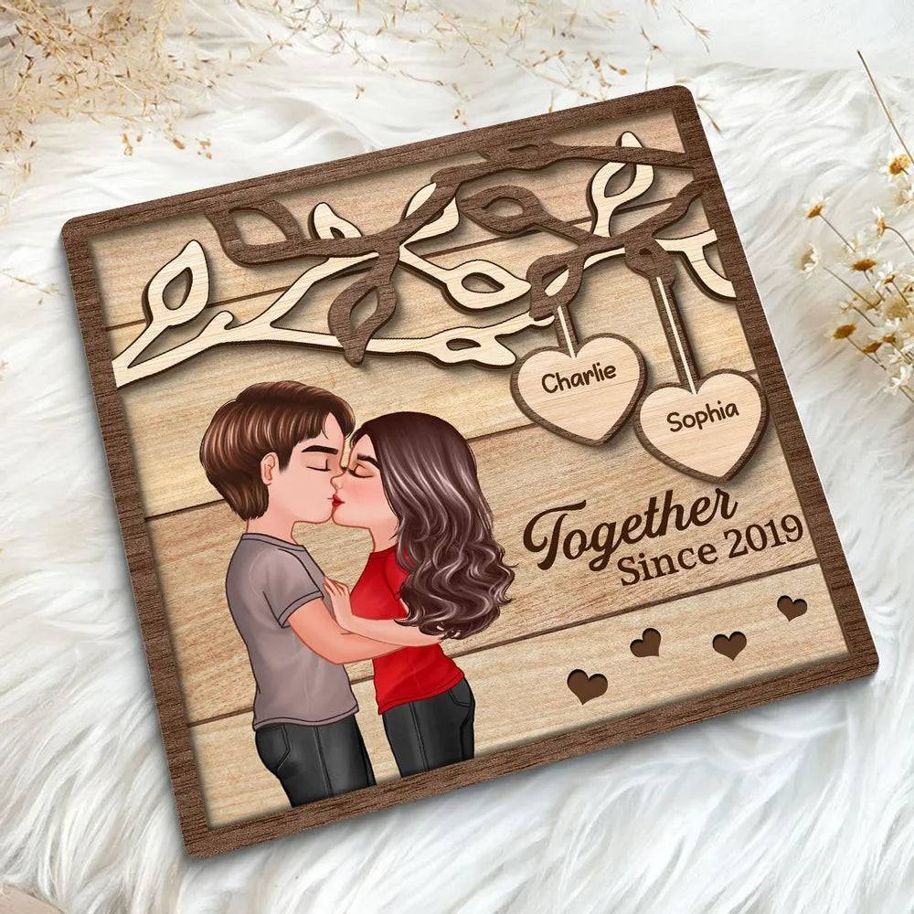 Enchanted Love - Personalized 'Couple Kissing Under Tree' Wooden Plaque - A Perfect Valentine's & Anniversary Gift for Him and Her