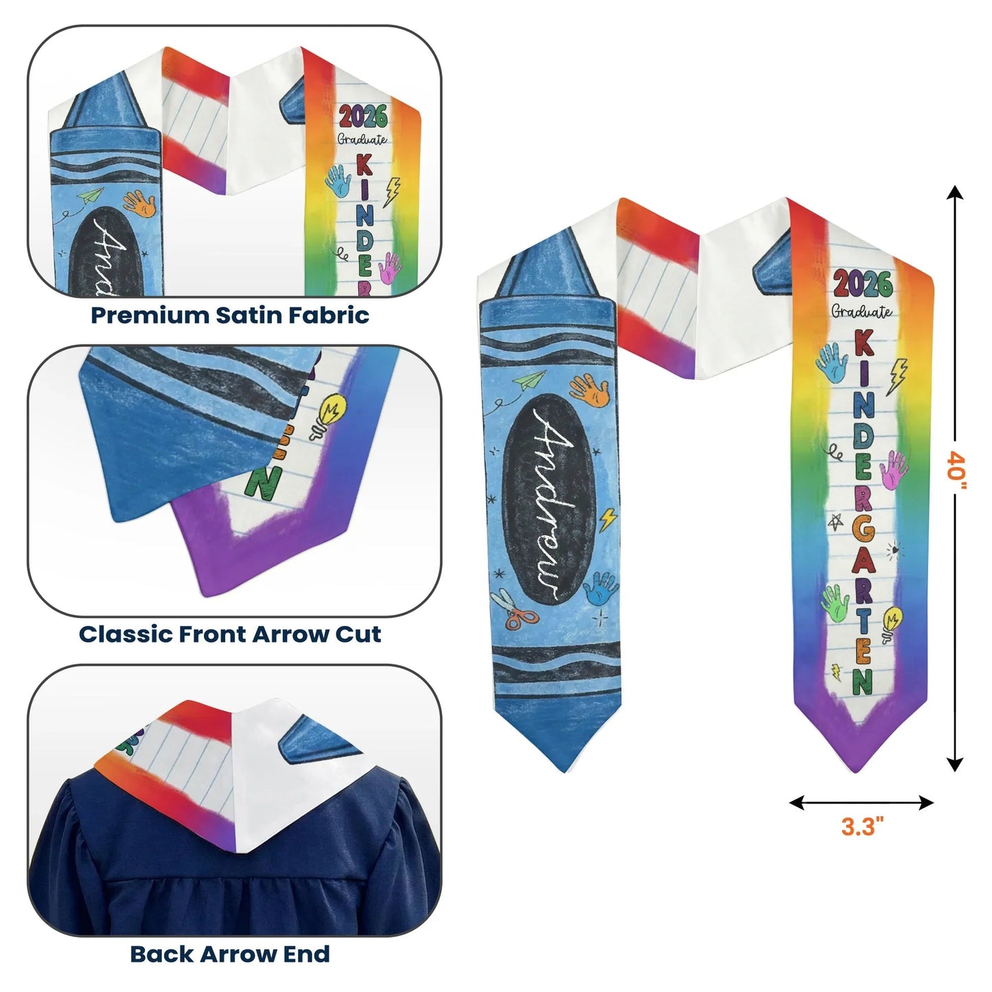 Personalized Graduation Stole with Crayon-Style Rainbow Design, Bright Keepsake Photo Moment, Unique Creative Gift for Kids