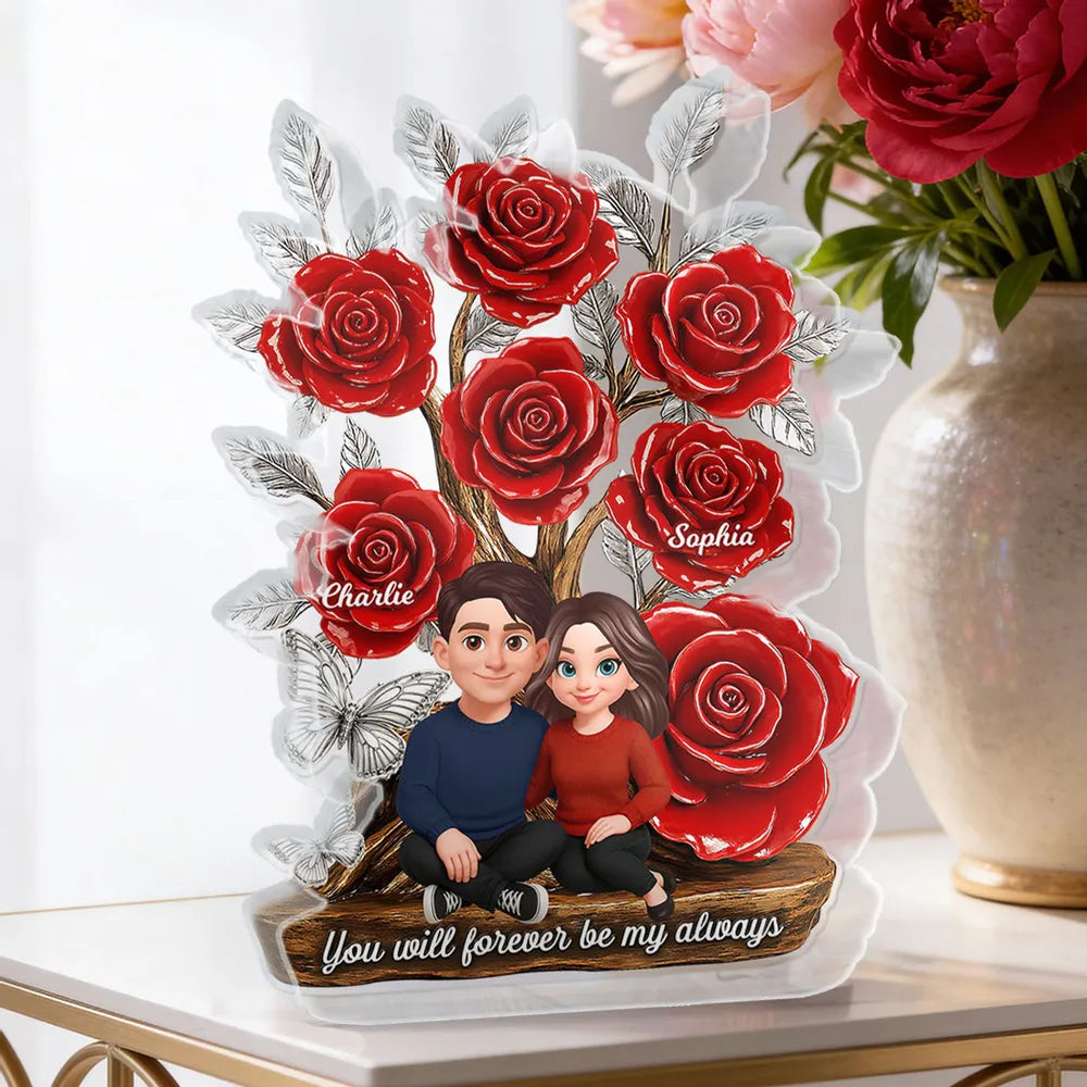 Personalized Shaped Acrylic Block Plaque with Red Rose Tree Couple Sitting Together, Unique Romantic Gift