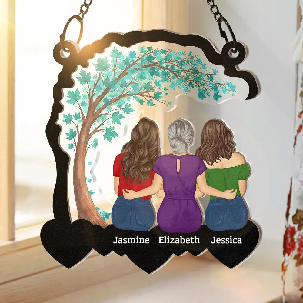 Wood and Acrylic Layered Ornament with Mother and Daughters Back View, Warm Family Bond Design, Perfect Gift for Women and Sisters