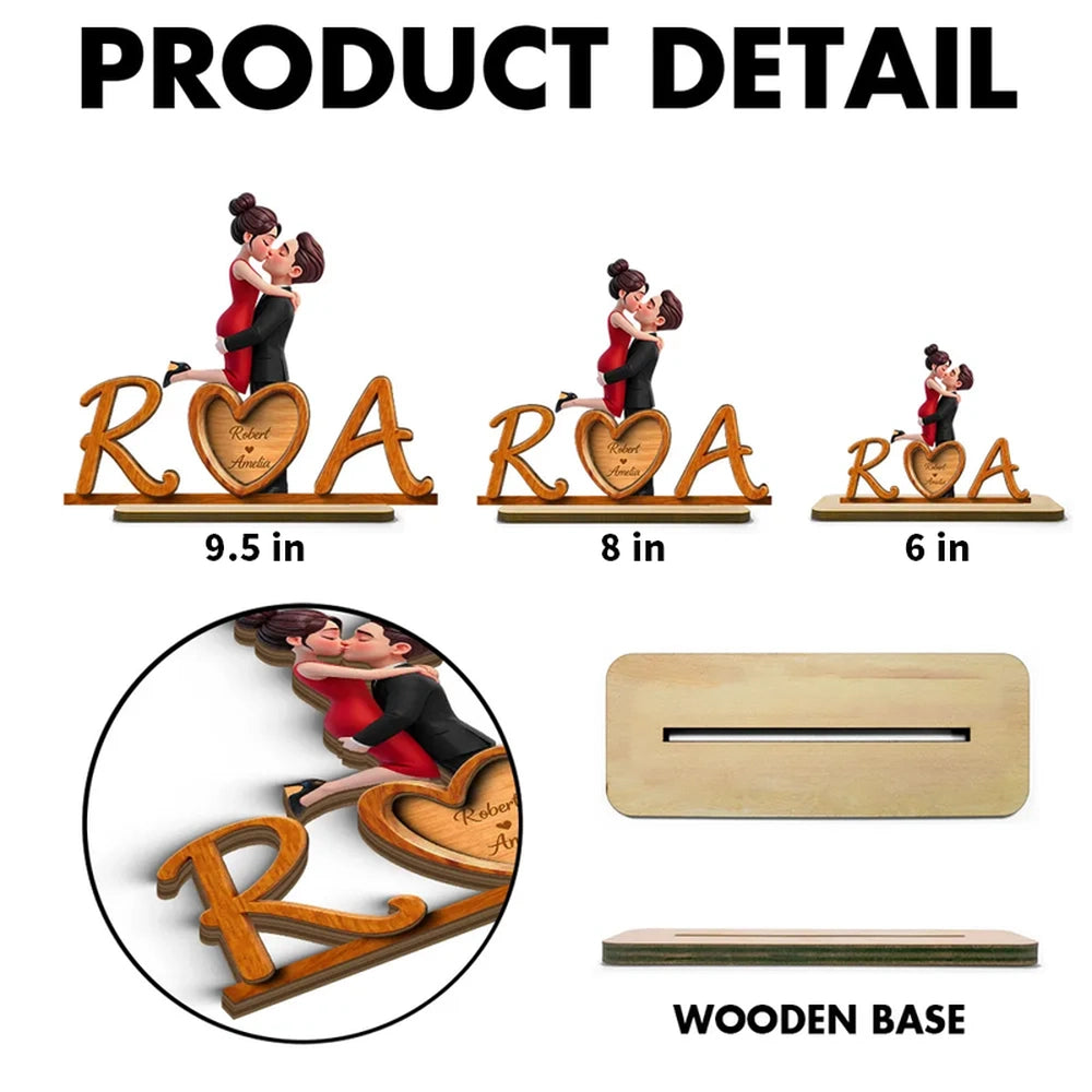 Personalized 2-Layer Wooden Plaque with Couple Kissing and Initials Heart for Desk Decor, Unique Romantic Gift for Her or Him