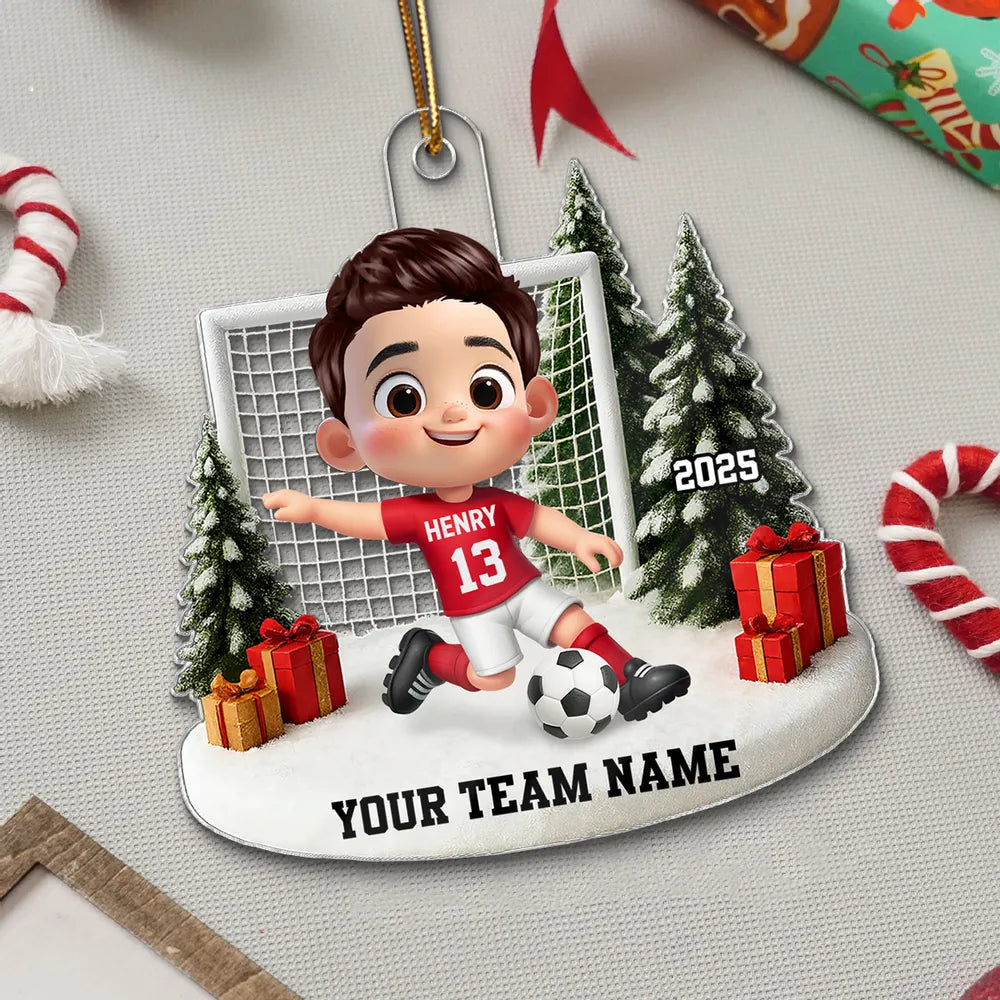 Soccer Kid Acrylic Ornament - Festive Winter Goal Scene, Customizable, Unique Christmas Gift for Young Players & Parents