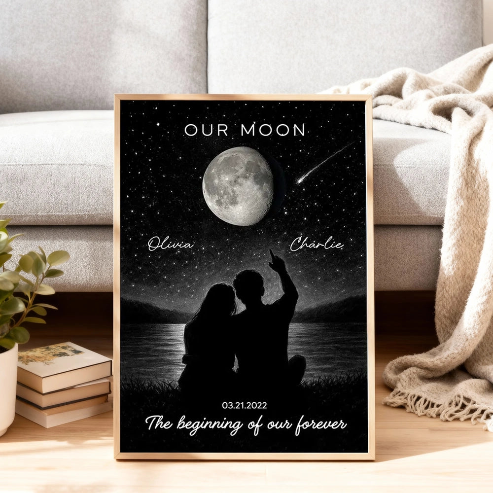 Personalized Moon Night Sky Couple Poster, Romantic Lakeside Silhouette Wall Art, Unique Gift For Couple