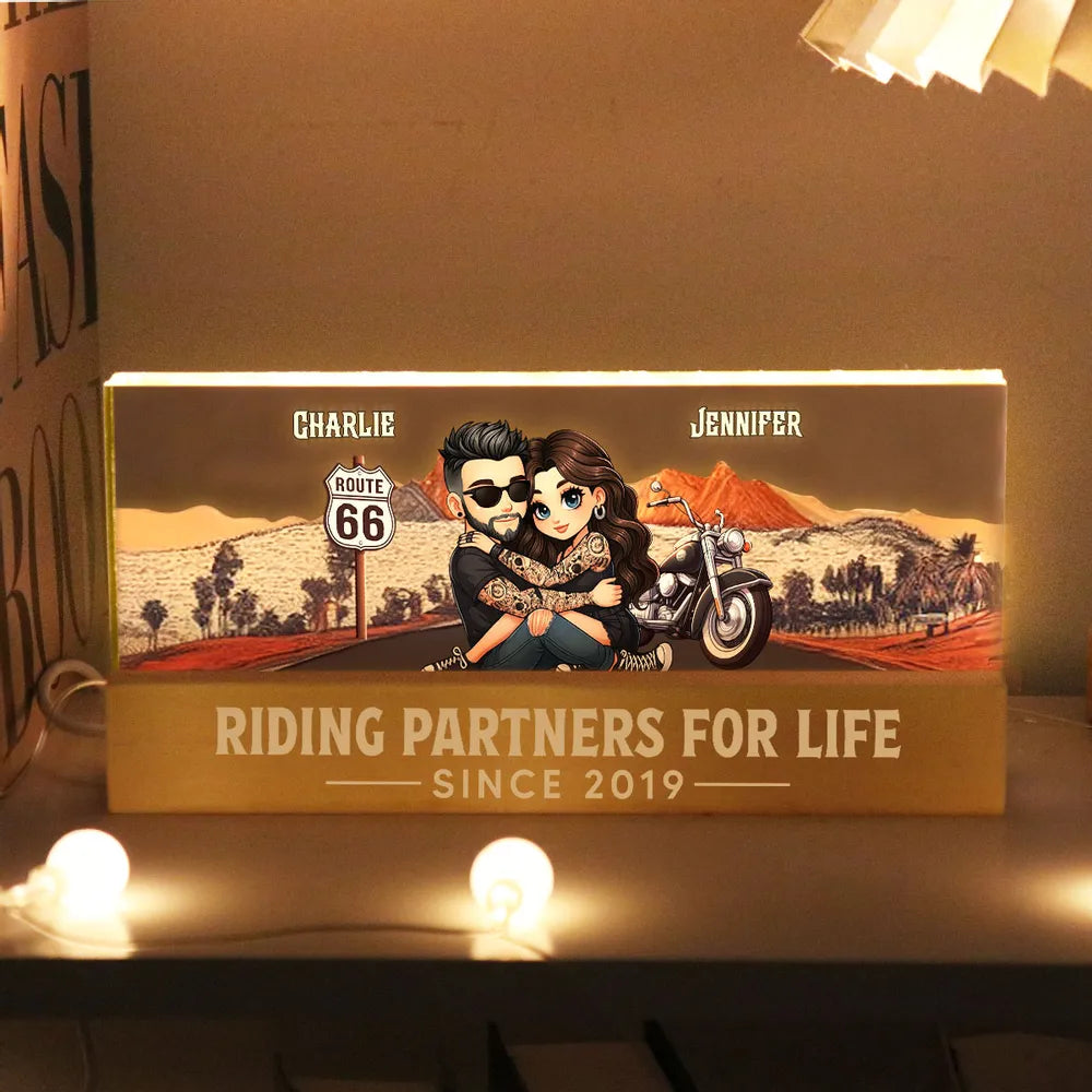 Personalized Block LED Light Plaque for Biker Couple Hugging by Route 66 Sunset Unique Romantic Gift for Him or Her