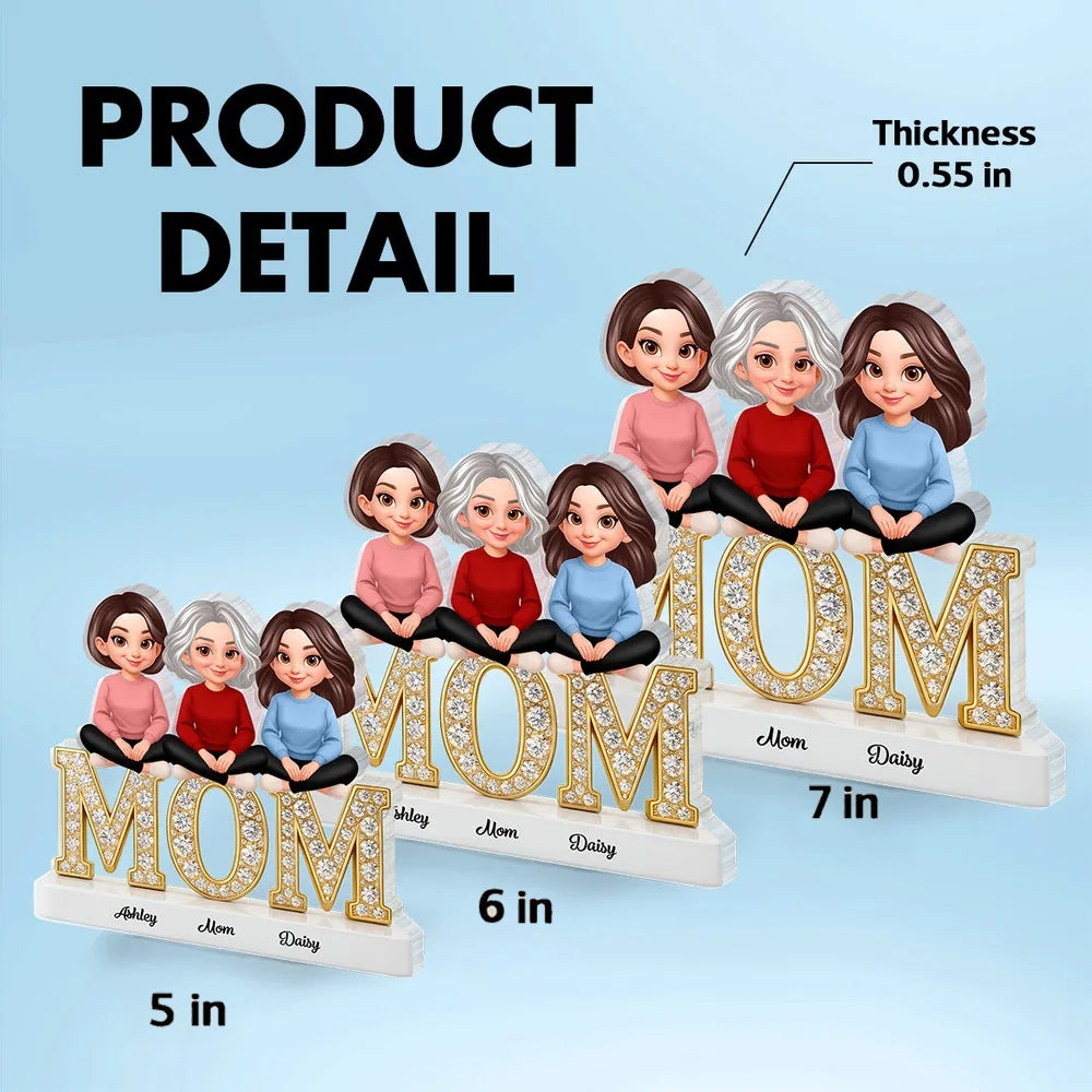 Personalized Shaped Acrylic Block Plaque with Mom & Daughters Cartoon Illustration, Sparkly MOM Shelf Decor, Unique Gift for Mom