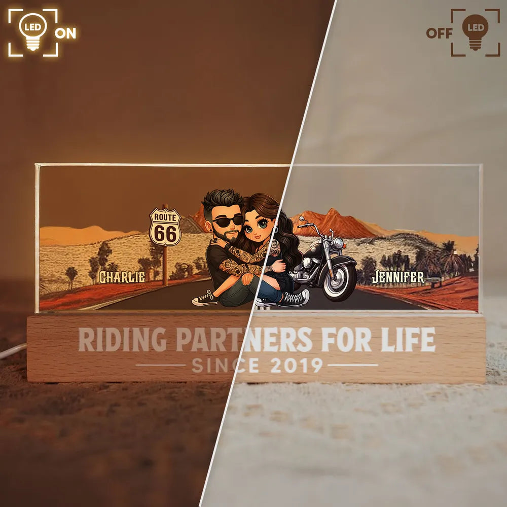 Personalized Block LED Light Plaque for Biker Couple Hugging by Route 66 Sunset Unique Romantic Gift for Him or Her