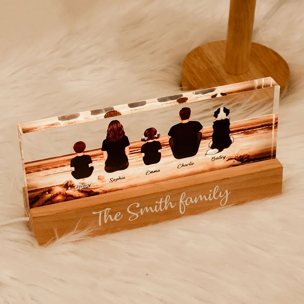 Family Sitting Back View Retro Vintage Beach Landscape - Personalized Family LED Plaque, Family Gift for Parents, Siblings & Pet Lovers