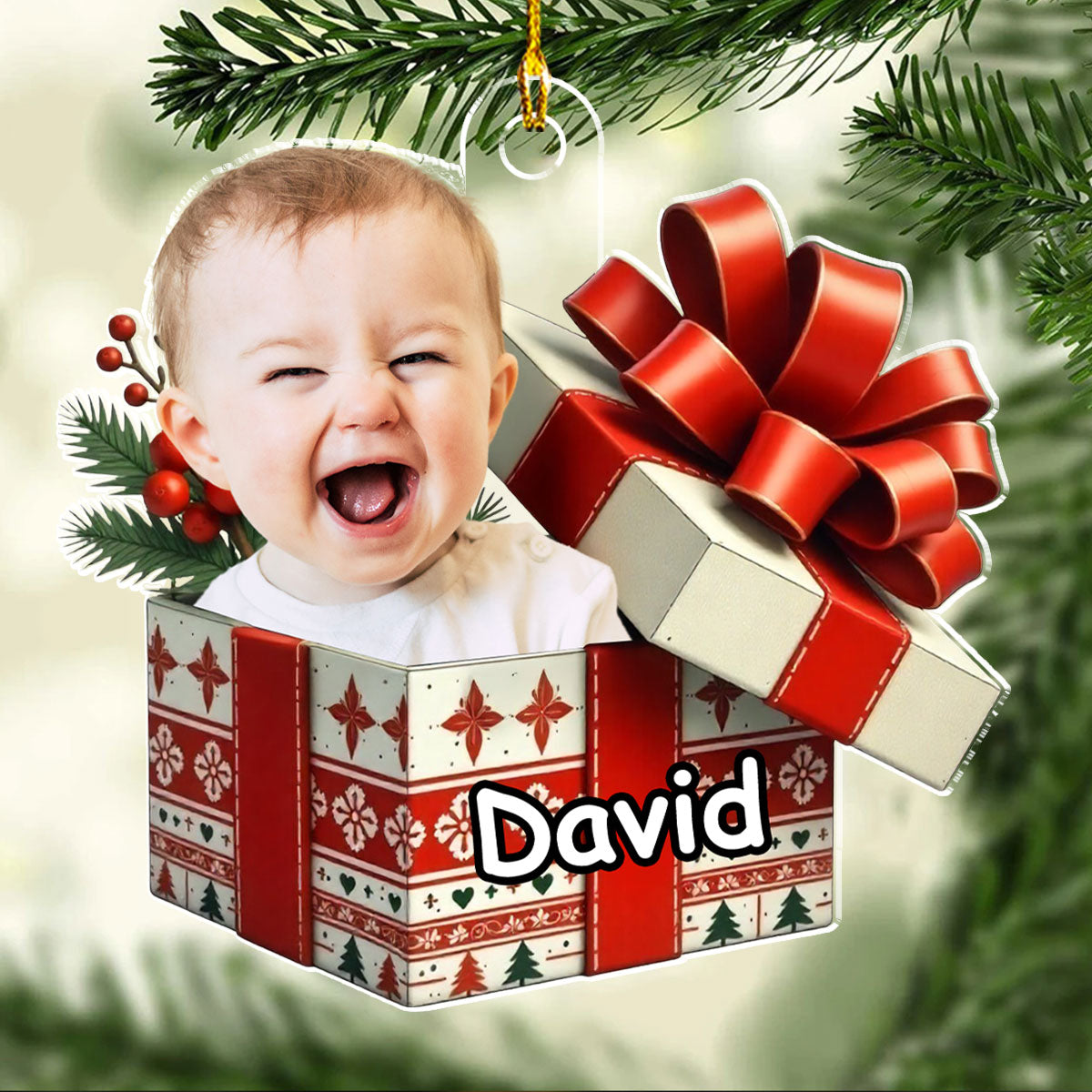 Acrylic Ornament Baby Gift Box Photo Cutout, Red Bow Keepsake, Unique Holiday Gift for New Parents & Grandparents