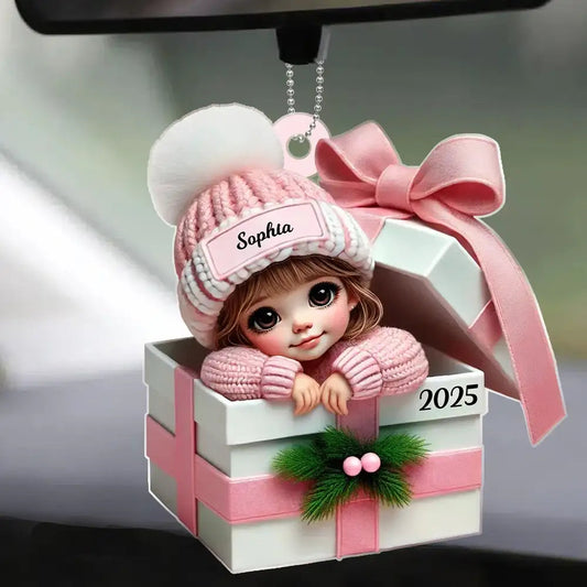 Acrylic Ornament - Personalized Christmas Keepsake Featuring Baby in Gift Box, Grandchild Holiday Gift Idea