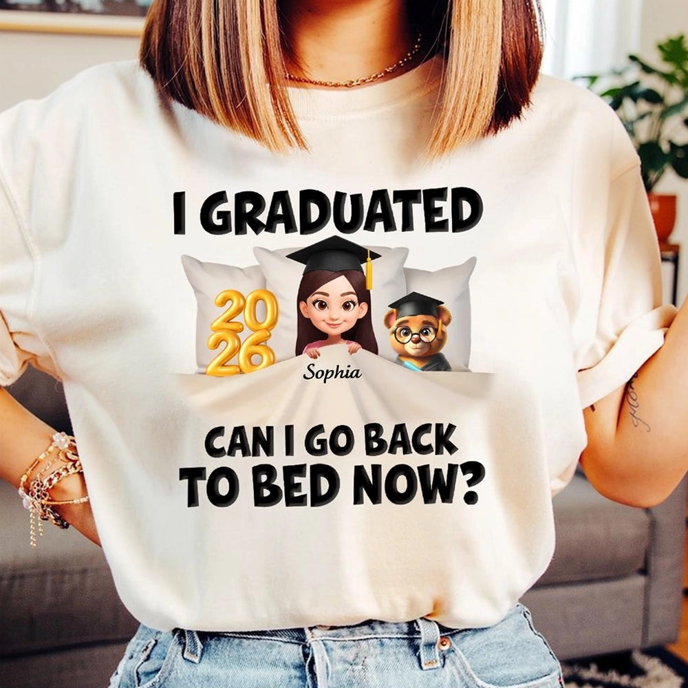Funny Class of 2026 Graduation Classic Tee - Personalized Name Cartoon In Bed Design - Unique Gift For Grad
