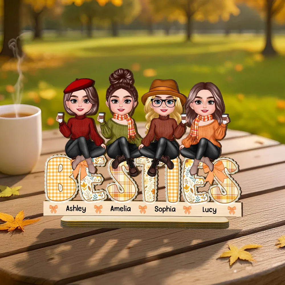 BESTIES Wooden Plaque – Autumn Coffee Time with Friends & Sisters, Personalized Gift for Best Friends