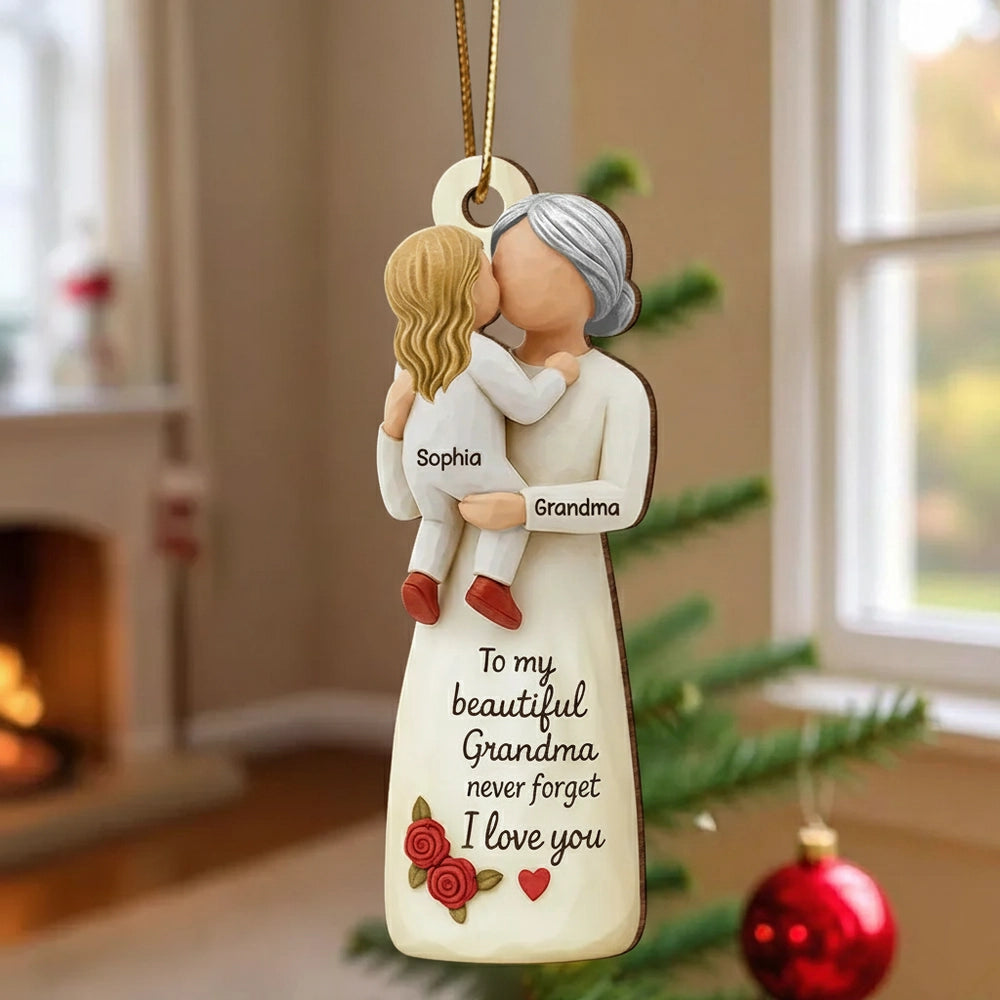 Wooden Ornament - Personalized Grandma & Grandchild Hug, Holiday Tree Decor, unique gift that says 'I love you'