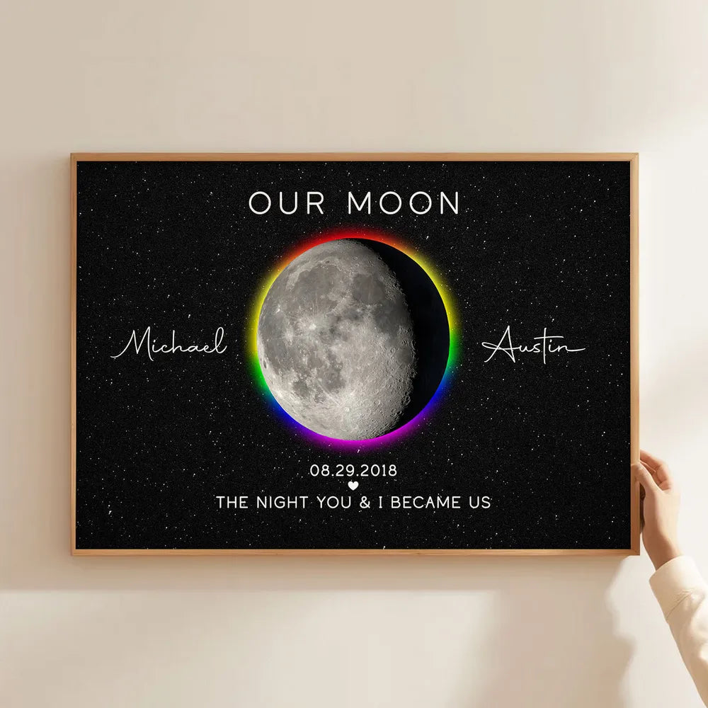 Personalized Moon Phase Poster for Couples, Rainbow Night Sky Wall Art, Unique Anniversary Gift & Pride Keepsake