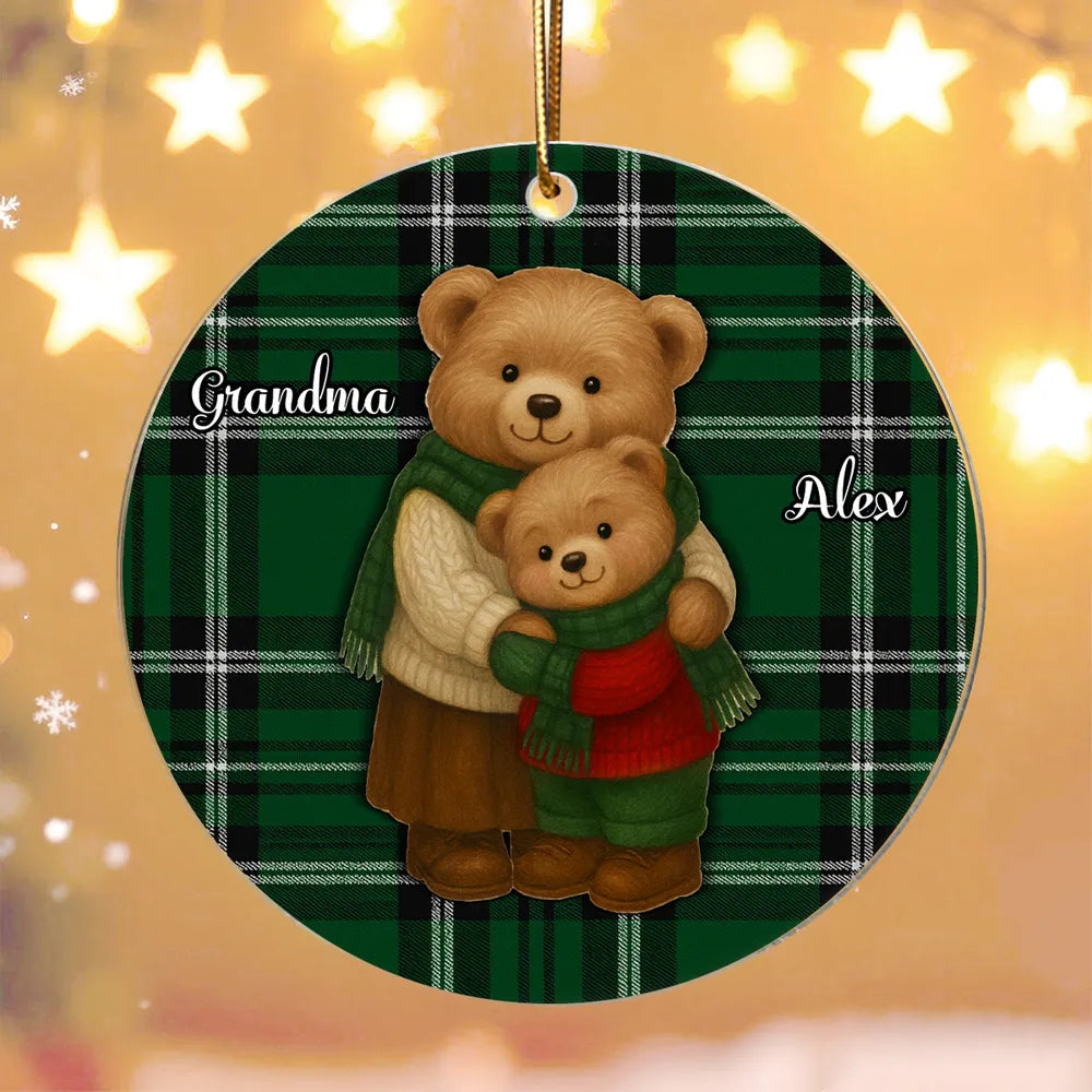 Personalized Acrylic Ornament for Grandma & Grandkids – Cozy Teddy Bear Hug, Plaid Christmas Decor, Unique Heartwarming Gift