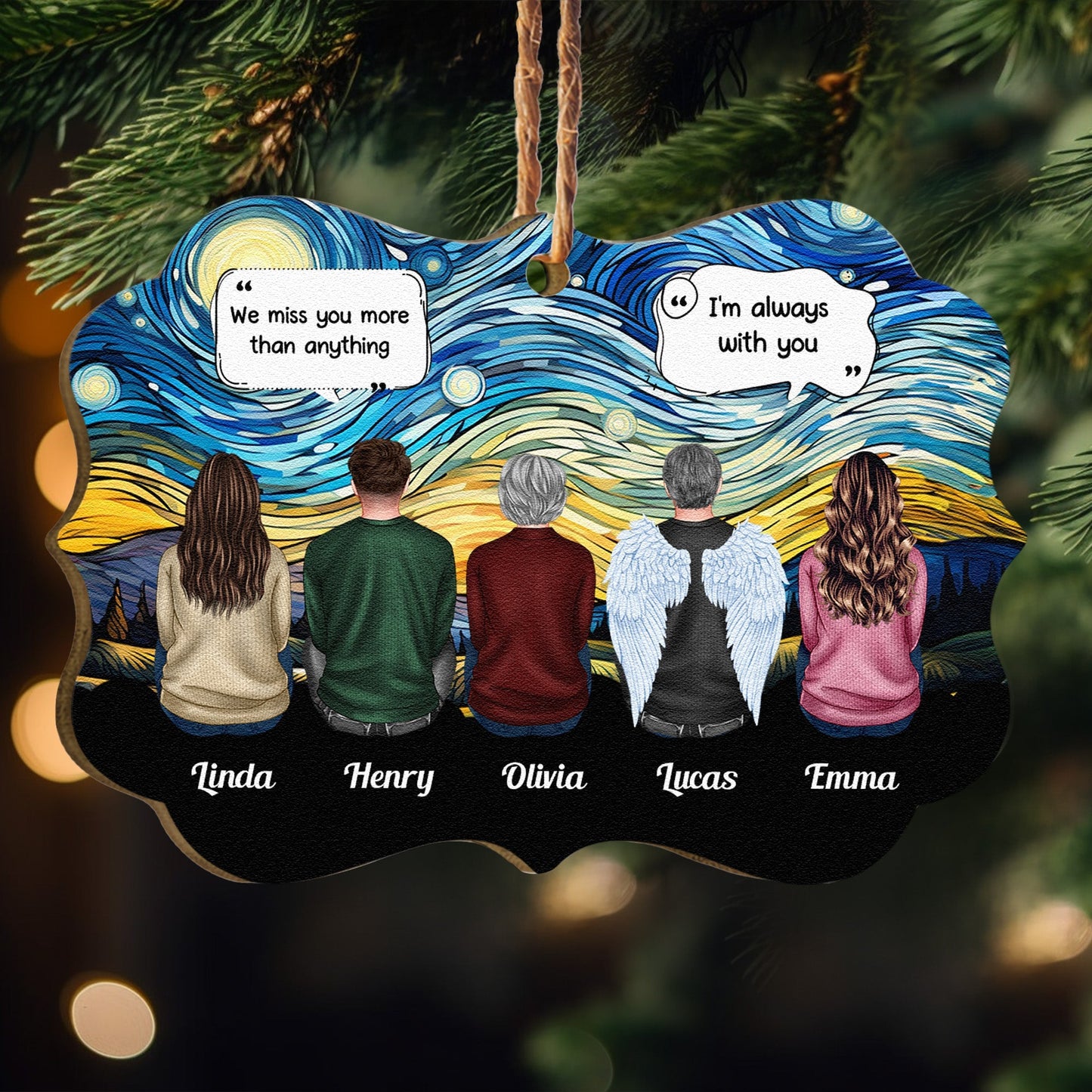 Wooden Ornament Memorial Keepsake - Starry Sky Family Back View, Angel Wings, 'We miss you' quote, a unique gift for family