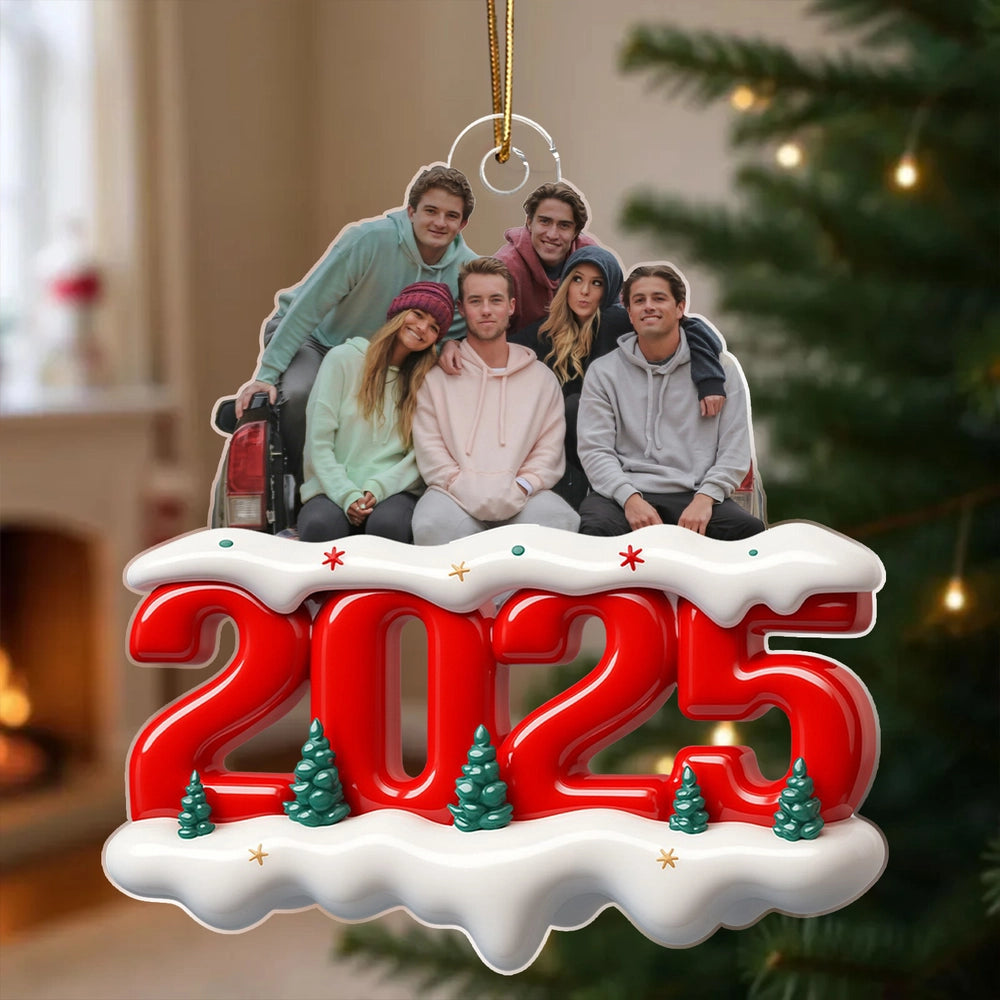 Acrylic Ornament with Custom Photo, Snowy Red Number for Christmas Tree Decor — a unique gift for family or parents