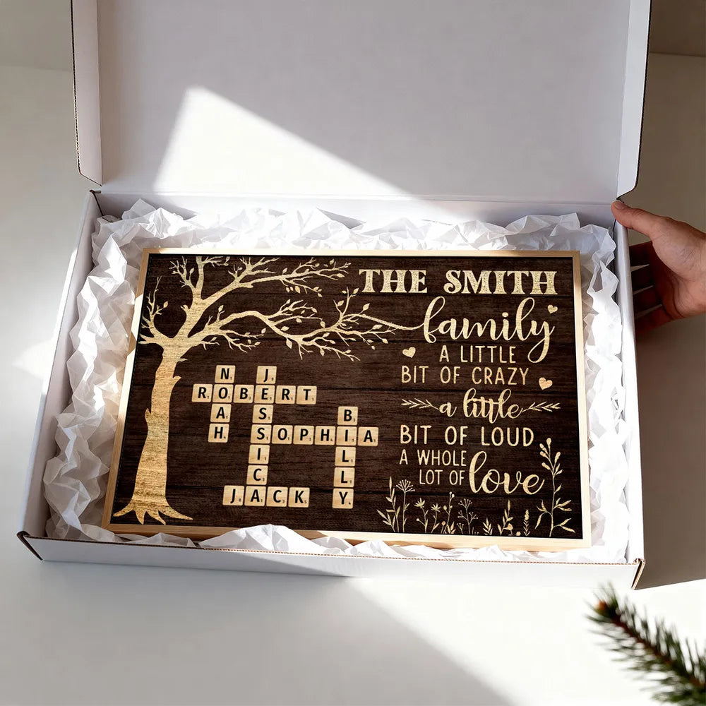 Custom Family Tree Poster with Name Crossword, Warm Wall Art Keepsake, Meaningful Housewarming or Christmas Gift
