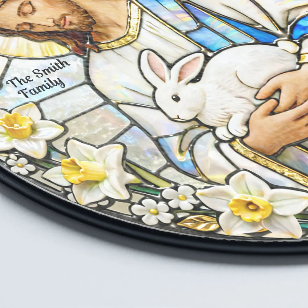 Personalized Jesus With Bunny Glass Suncatcher Ornament for Easter Window Display, Bright Colorful Light, Unique Religious Gift