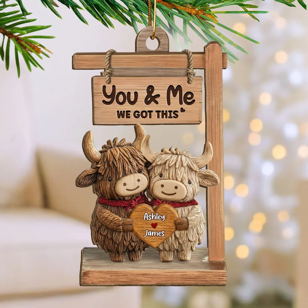Wooden Ornament with Sweet You & Me Message, Cute Cow Couple Holding Heart, Personalized Holiday Decor Gift