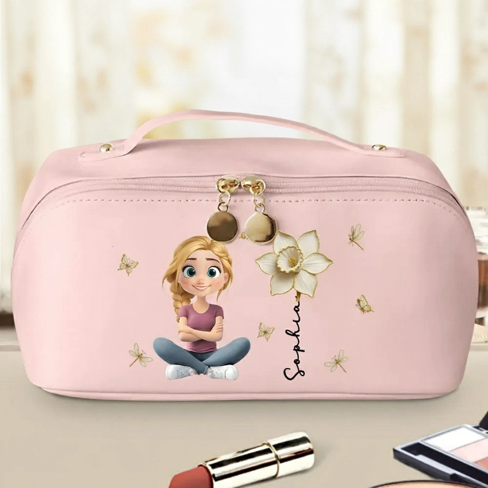 Leather Makeup Bag, custom floral art with a cross-legged cartoon girl; travel-ready, a creative gift for daughter or teen
