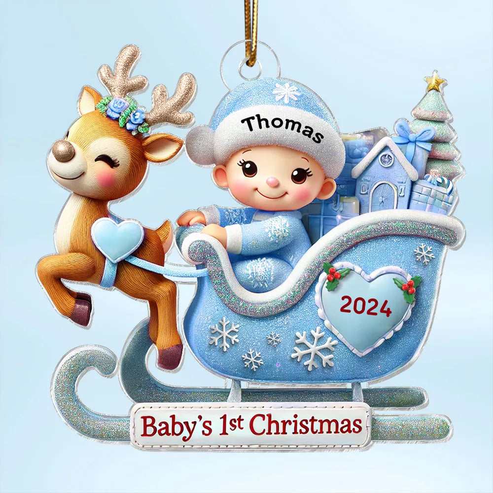 Baby’s 1st Christmas Acrylic Ornament – Adorable Reindeer Sleigh Design, Perfect Gift for Newborn Celebration