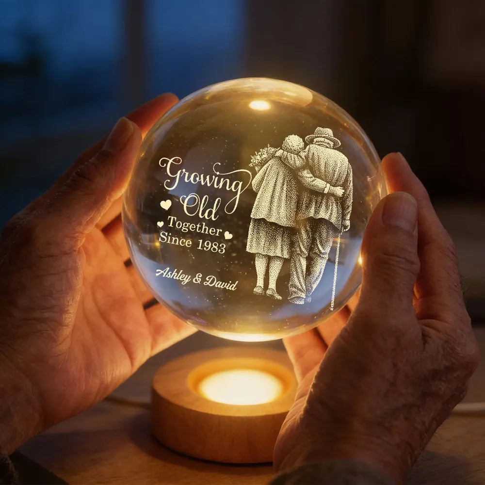 Personalized Crystal Ball LED Night Light With 'I Want To Grow Old With You' Couple Design, Romantic Unique Gift For Wife Or Husband