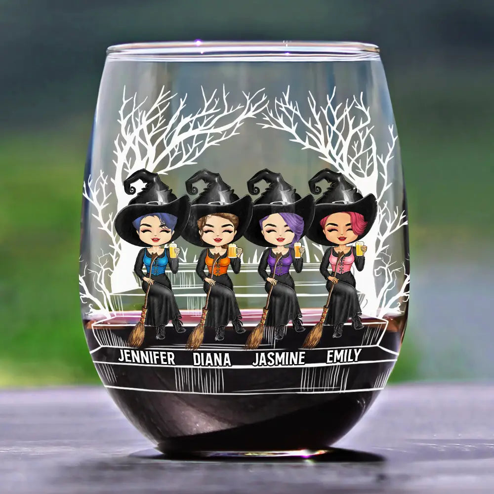 Drink Up Witches Halloween Wine Glass – Custom Witch Sisters Sitting on Bench – Spooky Gift for Best Friends or Sisters