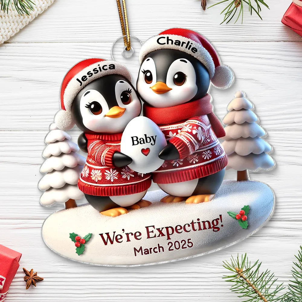 Custom Penguin Couple Acrylic Ornament for Parents-to-Be, Heartwarming Holiday Keepsake and Creative Baby Reveal Gift
