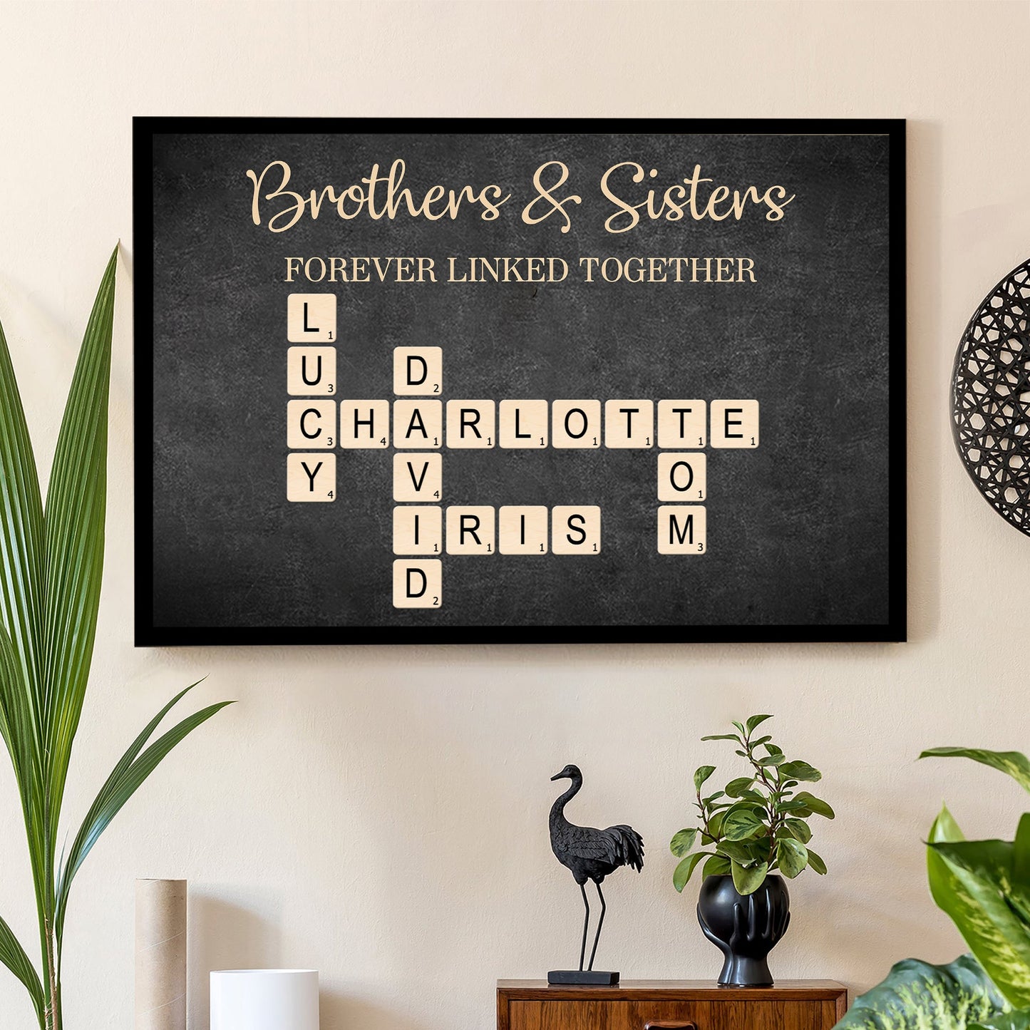 Brothers & Sisters Forever Linked Together Crossword Puzzle Art Personalized Poster or Plaque or Keychain or Orament or Cup, Gift For Siblings, Family, Brother