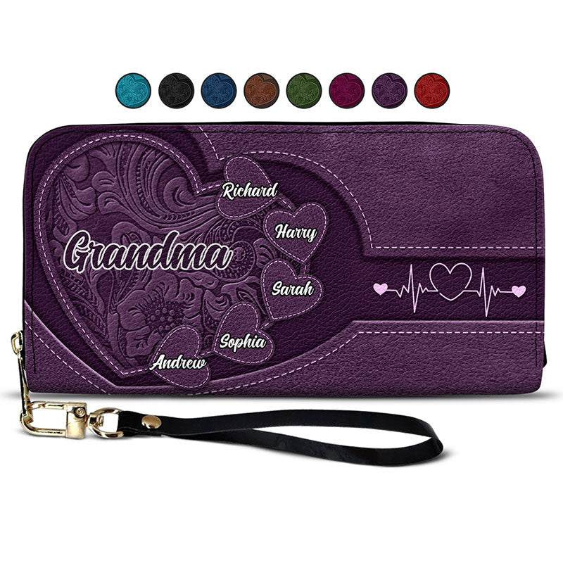 Custom Leather Wallet – Beautiful Leather Long Wallet with Heartfelt Grandkids' Names – The Perfect Gift for Grandma