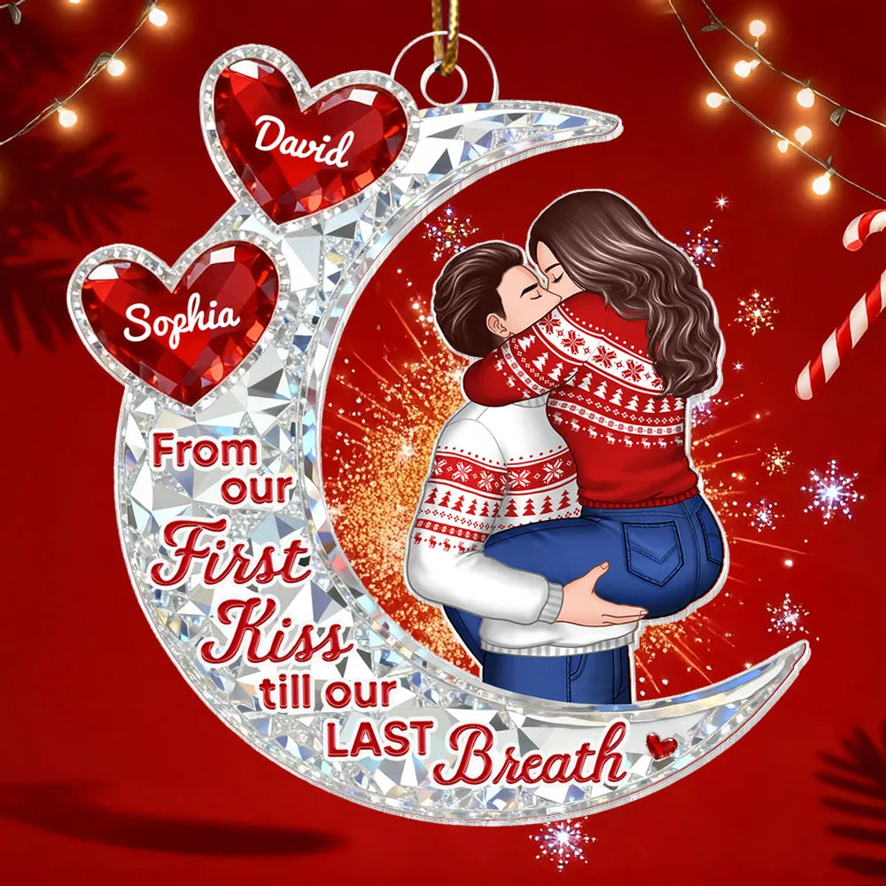 Custom Acrylic Ornament with Crescent Moon and Embracing Couple, Heartfelt From Our First Kiss Quote, Special Anniversary or Holiday Gift