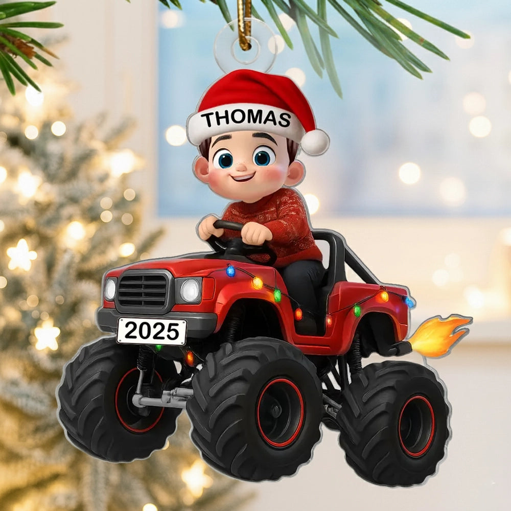 Personalized Acrylic Ornament - Kid Driving Monster Truck in Santa Hat - Christmas Tree Decor, Unique Gift for Kids