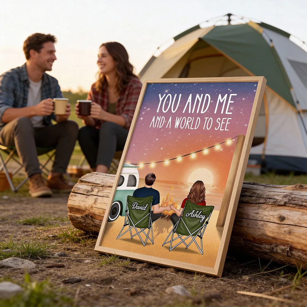 Romantic Personalized Poster of a Couple Holding Hands by a Beach Campfire, Starry Sunset Wall Art, Unique Gift for Couples