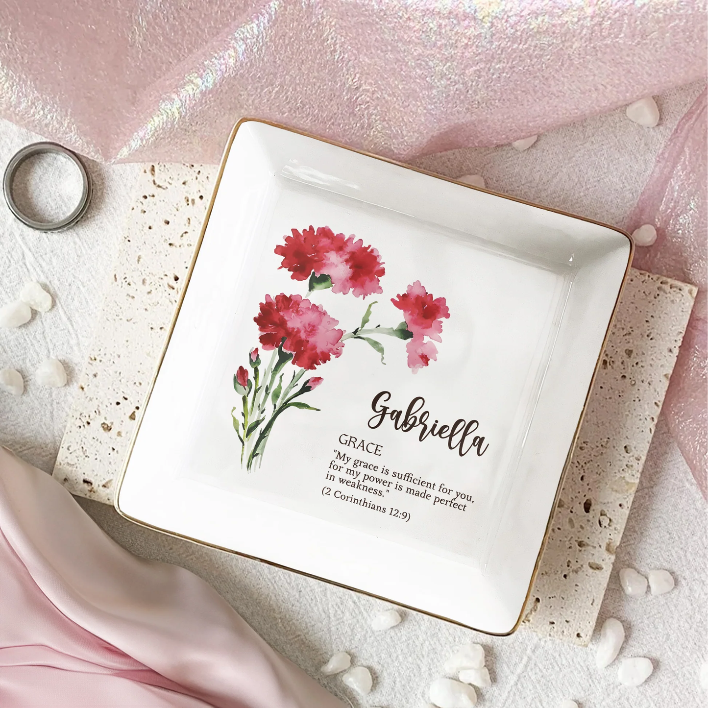Personalized Birth Flower Jewelry Dish with Bible Verse, Watercolor Floral Keepsake, Unique Christian Gift for Her