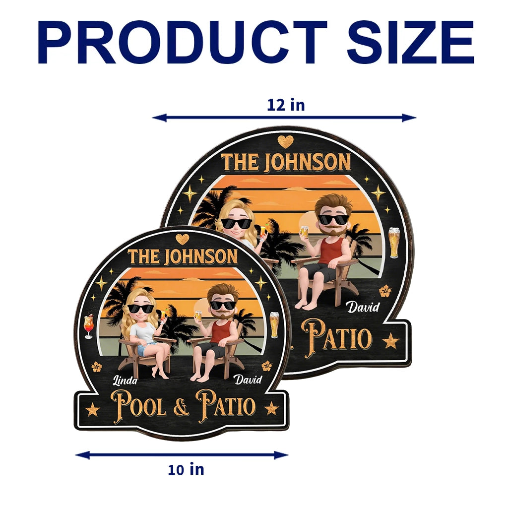 Personalized Wooden Sign with Relaxing Couple at Sunset Pool & Patio Scene, Unique Custom Gift for Couples