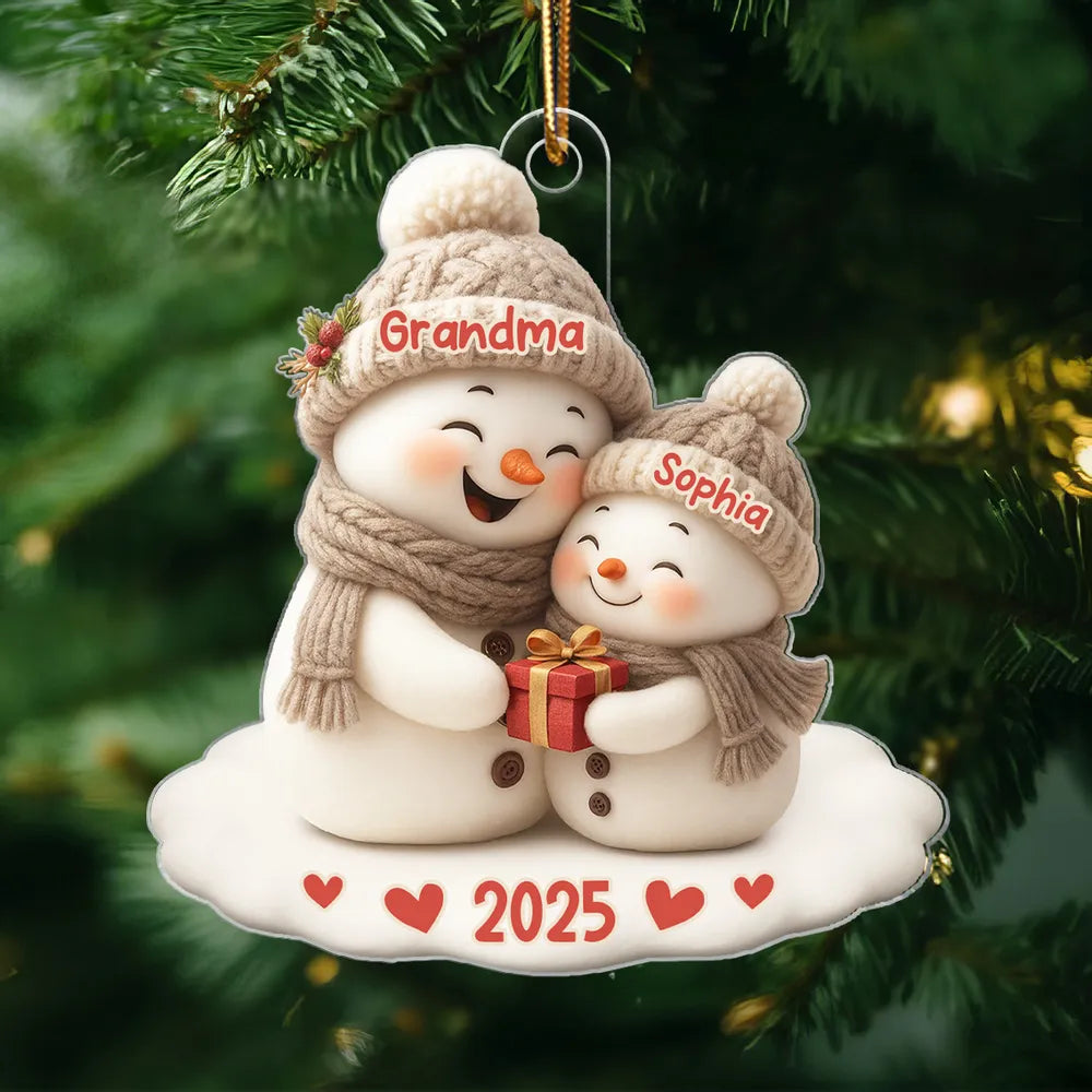 Personalized Acrylic Ornament for Grandma & Grandkid Snowman Hug Christmas Tree Decor Unique Family Gift