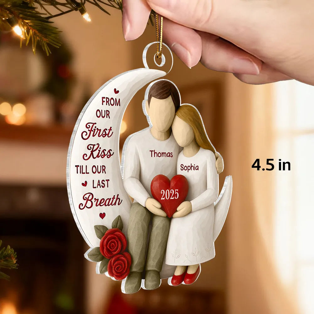 Acrylic Ornament with Crescent Moon Couple & Roses, Romantic Quote, Christmas Keepsake, Unique Gift for Couples