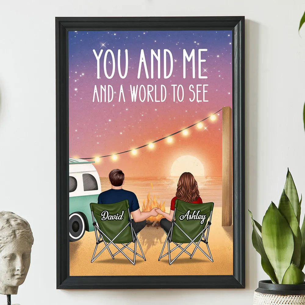 Romantic Personalized Poster of a Couple Holding Hands by a Beach Campfire, Starry Sunset Wall Art, Unique Gift for Couples