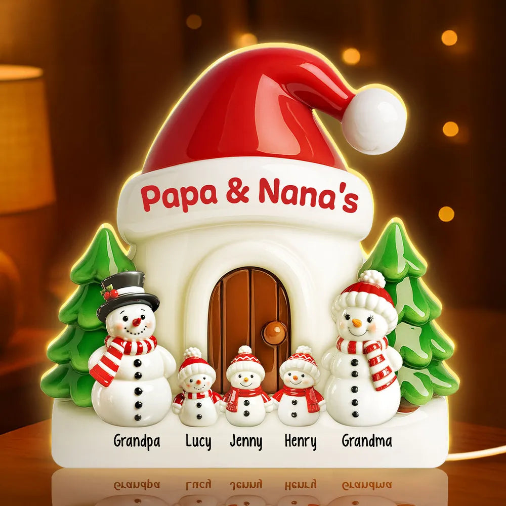 Personalized Acrylic Light Box with Snowman Family House, Soft Warm Glow Christmas Gift for Grandparents, Unique Keepsake Décor
