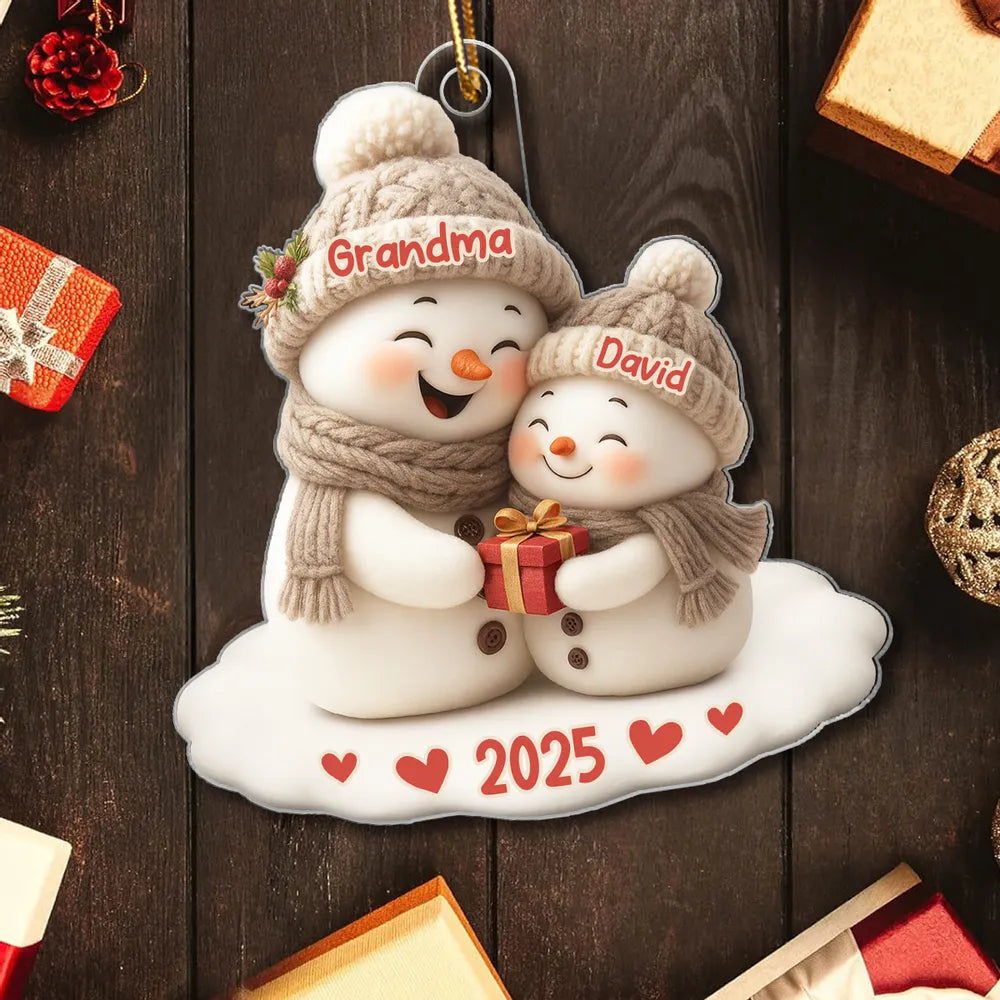 Personalized Acrylic Ornament for Grandma & Grandkid Snowman Hug Christmas Tree Decor Unique Family Gift