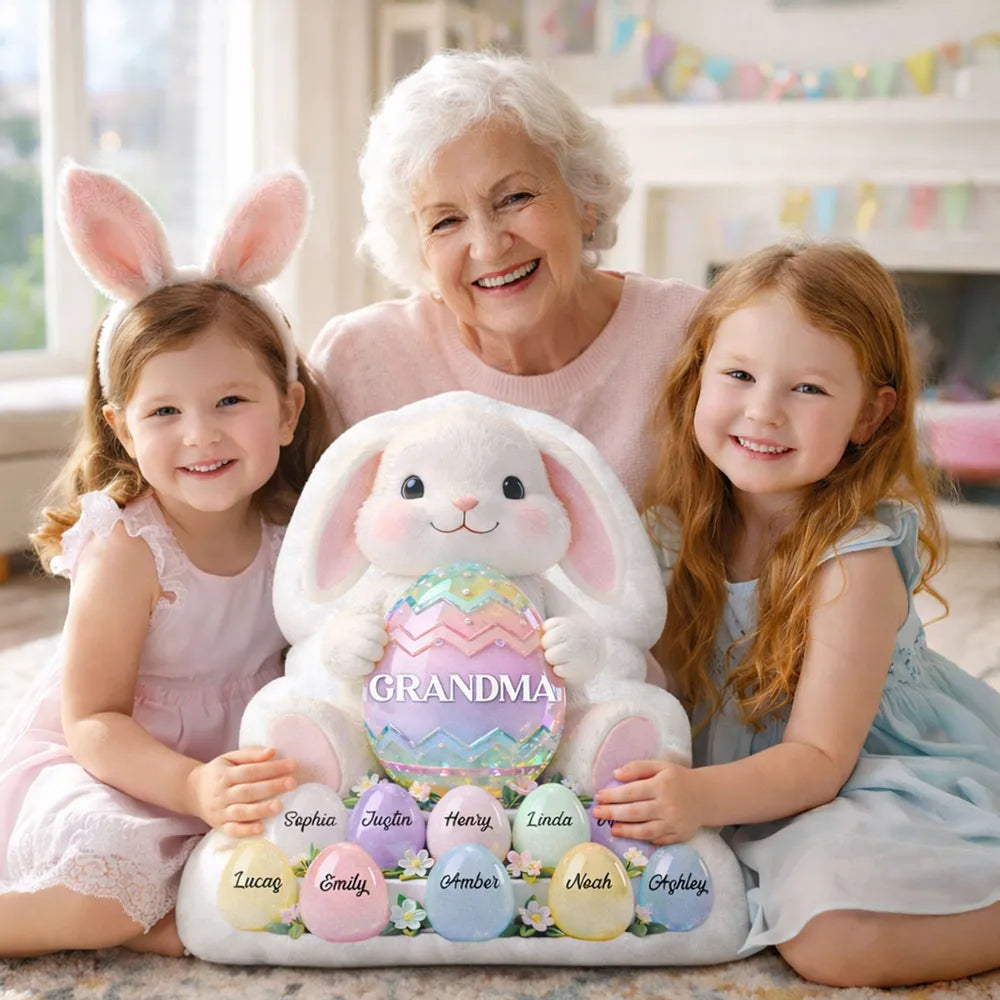 Grandma Easter Bunny Shaped Pillow, Personalized Keepsake With Pastel Egg Art, Sweet Home Decor Gift for Grandma
