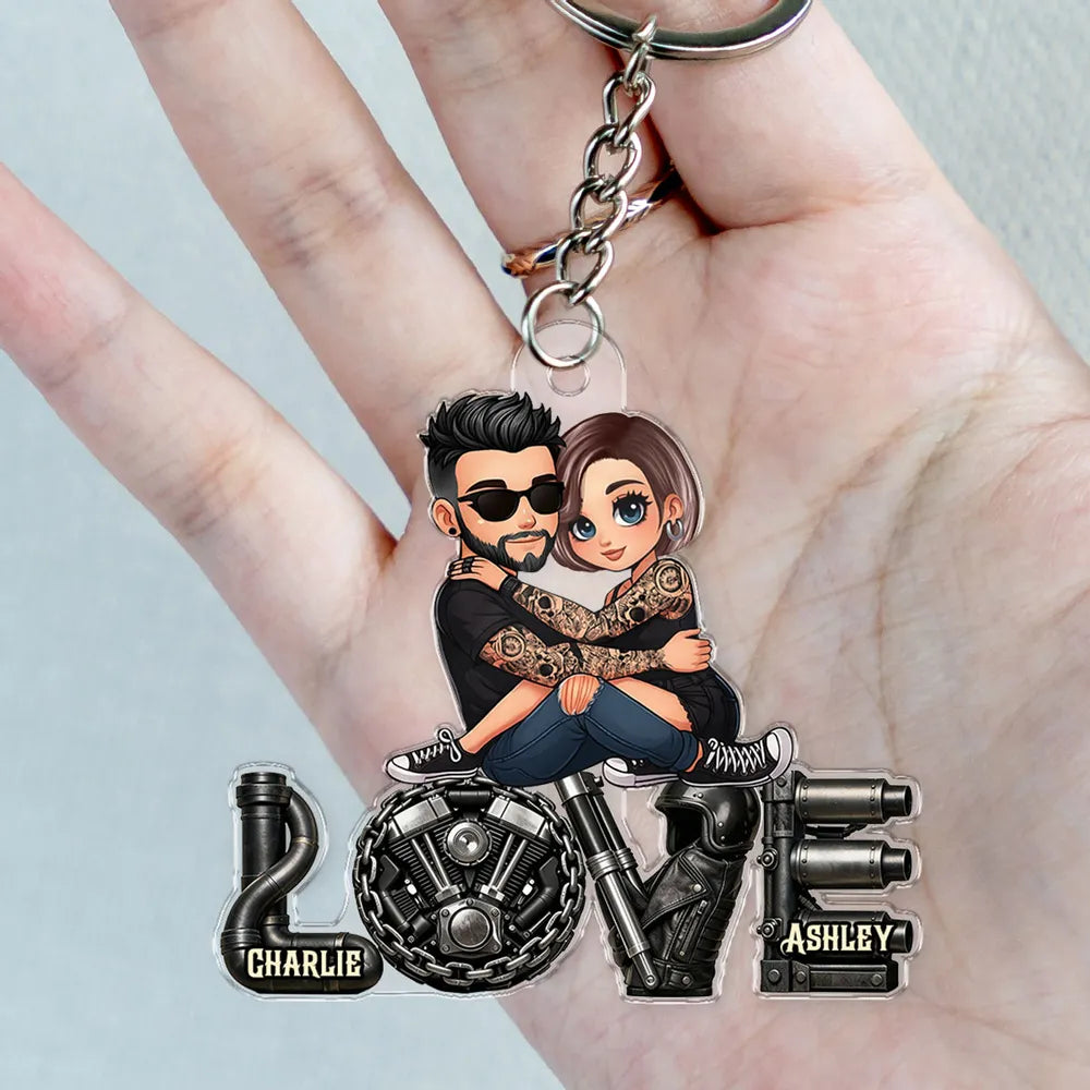 Personalized Biker Couple Acrylic Keychain Cute Cartoon Hugging Riders Cool Accessory Unique Gift for Him or Her