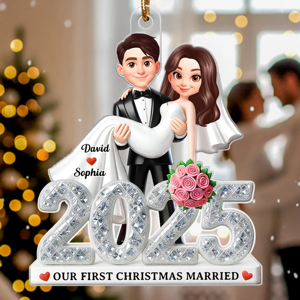 Personalized Acrylic Ornament for Newlyweds – Our First Christmas Married Couple Design, Sparkling Detail, Unique Keepsake Gift