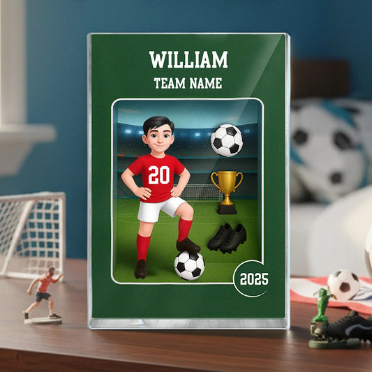 Acrylic Block Plaque - Customizable Soccer Keepsake, stadium design, player with ball - Creative Gift for Kids & Teams